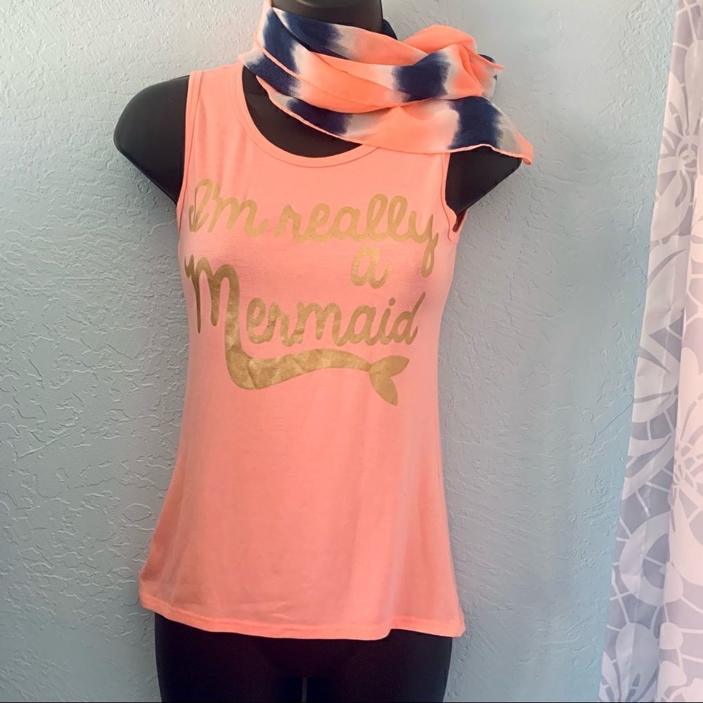 Lily Bleu Orange Mermaid Graphic Tank Top & Tie Dye Scarf Size Large 14